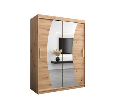 Arte Wave Contemporary 2 Mirrored Sliding Door Wardrobe 5 Shelves 2 Rails Oak Artisan Effect (H)2000mm (W)1500mm (D)620mm - image 1