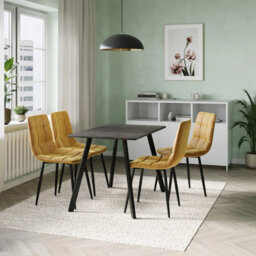 Urbn-Living Urbn Living 110Cm Dining Table & 4 Pcs Velvet Chairs Set Modern Metal Kitchen Furniture Slate Grey Table And Curly Yellow Chair - thumbnail 3