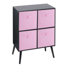 Urbn-Living Urbnliving 61Cm Height 4 Cube Black Wooden Bookcase With Pine Legs Shelf Storage Light Pink Drawers