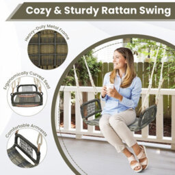 Gainoom Brown Patio Swing Bench Backless Rattan Woven Patio Wicker W/ Hanging Ropes - thumbnail 9