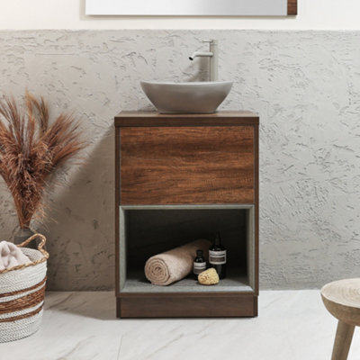 Homestylestore Dark Oak 600mm Led Lit Bathroom Vanity Unit Oval Pebble Countertop Basin Open Shelf - image 1