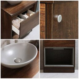 Homestylestore Dark Oak 600mm Led Lit Bathroom Vanity Unit Oval Pebble Countertop Basin Open Shelf - thumbnail 2