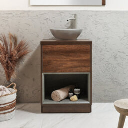 Homestylestore Dark Oak 600mm Led Lit Bathroom Vanity Unit Oval Pebble Countertop Basin Open Shelf