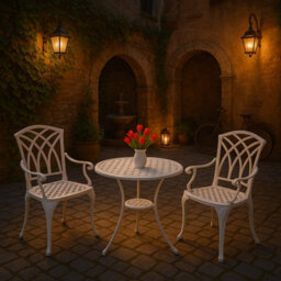Homeology Oshowa White Cast Aluminium Outdoor Garden Table And 2 Comfortable Chairs With Armrests Bistro Set - thumbnail 9