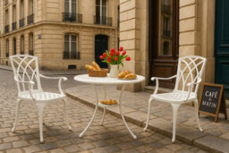 Homeology Oshowa White Cast Aluminium Outdoor Garden Table And 2 Comfortable Chairs With Armrests Bistro Set - thumbnail 6