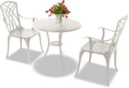 Homeology Oshowa White Cast Aluminium Outdoor Garden Table And 2 Comfortable Chairs With Armrests Bistro Set - thumbnail 1