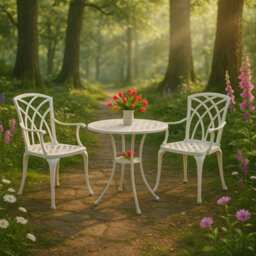 Homeology Oshowa White Cast Aluminium Outdoor Garden Table And 2 Comfortable Chairs With Armrests Bistro Set - thumbnail 2