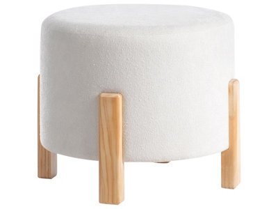 Wyld And Coco Off-White Chenille Pouffe Round Upholstered Seat With Eucalyptus Wooden Legs - Modern Decor - image 1