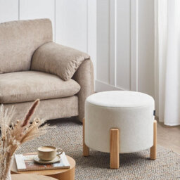 Wyld And Coco Off-White Chenille Pouffe Round Upholstered Seat With Eucalyptus Wooden Legs - Modern Decor - thumbnail 2