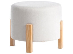 Wyld And Coco Off-White Chenille Pouffe Round Upholstered Seat With Eucalyptus Wooden Legs - Modern Decor - thumbnail 1