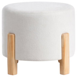 Wyld And Coco Off-White Chenille Pouffe Round Upholstered Seat With Eucalyptus Wooden Legs - Modern Decor - thumbnail 3