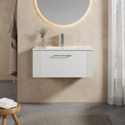 Balterley Belvide Partial Fluted 1 Drawer Wall Hung Vanity Unit With 1 Tap Hole Minimalist Basin - 800mm - Satin White - thumbnail 2