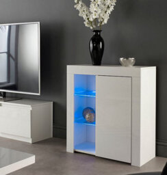 MMT Funiture Designs Modern White Matt Gloss Buffet Sideboard Cabinet With Led Lights And Glass Display Shelves Length- 75Cm X Depth 35Cm X Height 83Cm