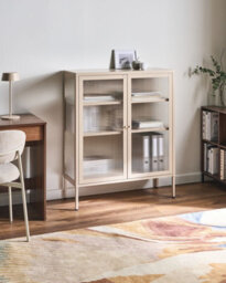 Beliani Glass Display Sideboard Lerryn Metal 90 Cm Beige - thumbnail 2