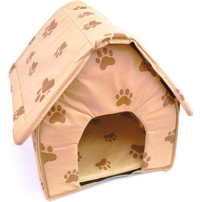 Portable Pet House - Brown Paw Print Design Foldable Cat Or Dog Bed Travel Kennel With Padded Floor Mat & Touch Fastening Panels - image 1