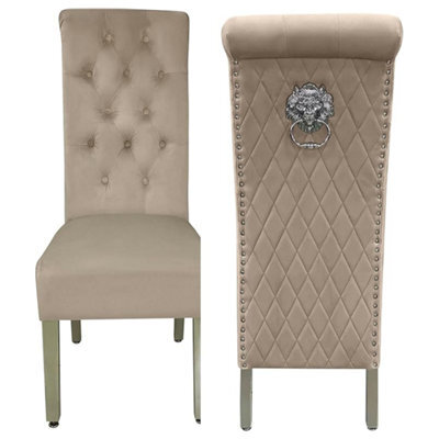 Home Luxe Interiors Pair Of 2 Sofia Beige Mink Chairs With Silver Legs And Lion Knocker - image 1