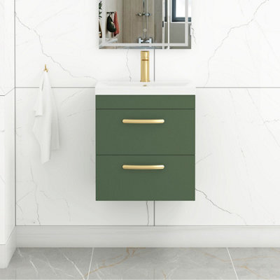 Royal Bathrooms Turin 500mm Wall Hung Vanity Unit Matt Green 2 Drawer Mid-Edge Basin With Brushed Brass Handles - image 1