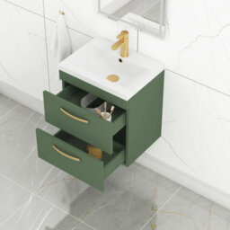 Royal Bathrooms Turin 500mm Wall Hung Vanity Unit Matt Green 2 Drawer Mid-Edge Basin With Brushed Brass Handles - thumbnail 5
