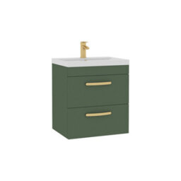 Royal Bathrooms Turin 500mm Wall Hung Vanity Unit Matt Green 2 Drawer Mid-Edge Basin With Brushed Brass Handles - thumbnail 6