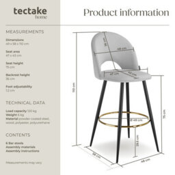 Tectake Bar Stool Rachel With Backrest And Velvet Look Cover, 49 X 58 X 110 Cm - Light Grey/black, Set Of 6 - thumbnail 6