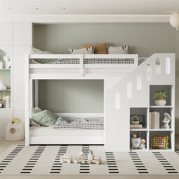 Abrihome Children's Bunk Bed, 2 Single Beds, Suitable For 2 Children Bed Frame With Stairs And Storage Cabinets, Stable Railings, White - thumbnail 1