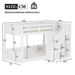 Abrihome Children's Bunk Bed, 2 Single Beds, Suitable For 2 Children Bed Frame With Stairs And Storage Cabinets, Stable Railings, White - thumbnail 4
