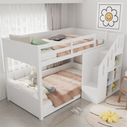Abrihome Children's Bunk Bed, 2 Single Beds, Suitable For 2 Children Bed Frame With Stairs And Storage Cabinets, Stable Railings, White - thumbnail 8