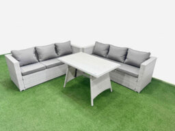 Fimous Rattan Garden Furniture Dining Set 6-Seater Patio Rectangular Table 3 Seater Sofa Set Light Grey - thumbnail 1