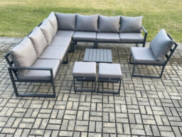 Fimous 10 Seater Patio Outdoor Garden Furniture Aluminium Lounge Corner Sofa Set With Coffee Table 2 Small Footstools - thumbnail 2
