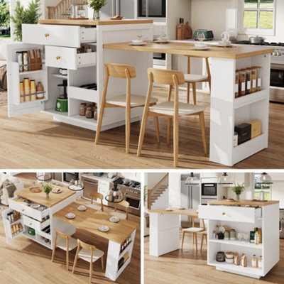 Abrihome White Extendable Kitchen Island Bar Table With 3 Drawers, Wine Rack & Side Shelves, 122.5-195.5Cm - image 1