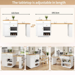 Abrihome White Extendable Kitchen Island Bar Table With 3 Drawers, Wine Rack & Side Shelves, 122.5-195.5Cm - thumbnail 4