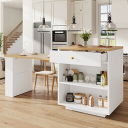 Abrihome White Extendable Kitchen Island Bar Table With 3 Drawers, Wine Rack & Side Shelves, 122.5-195.5Cm - thumbnail 7