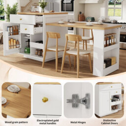 Abrihome White Extendable Kitchen Island Bar Table With 3 Drawers, Wine Rack & Side Shelves, 122.5-195.5Cm - thumbnail 2