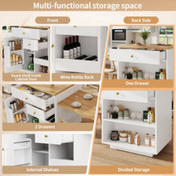 Abrihome White Extendable Kitchen Island Bar Table With 3 Drawers, Wine Rack & Side Shelves, 122.5-195.5Cm - thumbnail 3