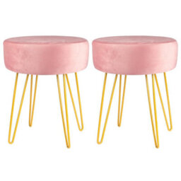 Harbour Housewares 2X Velvet Footstools - Round Modern Dressing Table Footstool Vanity Seat Chairs - 40 X 35Cm - Pink/gold
