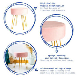 Harbour Housewares 2X Velvet Footstools - Round Modern Dressing Table Footstool Vanity Seat Chairs - 40 X 35Cm - Pink/gold - thumbnail 2