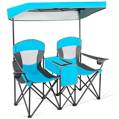 Costway Double Sunshade Folding Chairs 2-Person Camping Fishing Chairs-Blue - image 1