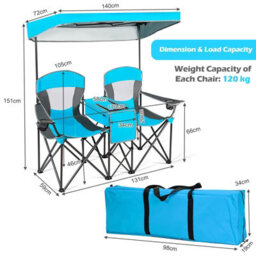 Costway Double Sunshade Folding Chairs 2-Person Camping Fishing Chairs-Blue - thumbnail 6