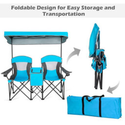 Costway Double Sunshade Folding Chairs 2-Person Camping Fishing Chairs-Blue - thumbnail 2