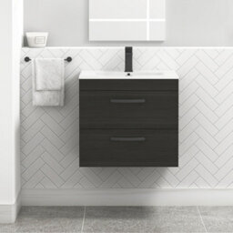 Royal Bathrooms Turin Hale Black 600mm Wall Hung Vanity Unit 2 Drawer With Minimalist Basin Sink & Matt Black Handles - thumbnail 1