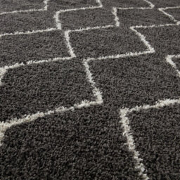 The Rugs Moroccan Shaggy Rugs And Runners Soft Fluffy Wavy Trellis Design High Pile Dark Grey And Ivory Living Room Kitchen Hallway 840 - thumbnail 3