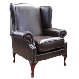 Chesterfield Flat Saxon High Back Chair Antique Brown Leather In Mallory Style - thumbnail 1
