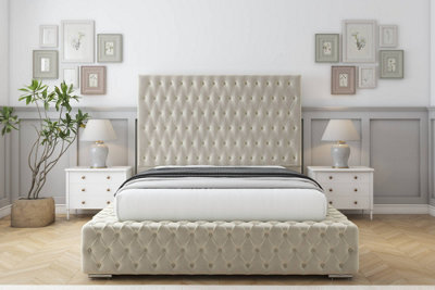 "Sloomy Ambassador Cream Plush Bed Frame With 50""  Upholstered Headboard 4' Small Double" - image 1