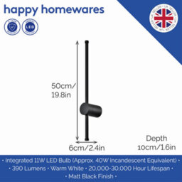 Happy Homewares Modern And Sleek Stick Style Ambient Led Wall Light Fitting In Matt Black Sand - thumbnail 5