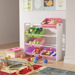 Children's Toy Storage Organizer With Bookshelf 12 Removable Plastic Bins, Wooden Frame Cabinet For Kids Room, Multicolor Toy Rack - thumbnail 2