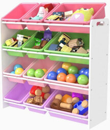 Children's Toy Storage Organizer With Bookshelf 12 Removable Plastic Bins, Wooden Frame Cabinet For Kids Room, Multicolor Toy Rack