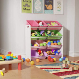 Children's Toy Storage Organizer With Bookshelf 12 Removable Plastic Bins, Wooden Frame Cabinet For Kids Room, Multicolor Toy Rack - thumbnail 4