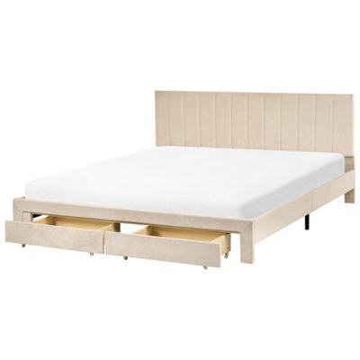 Beliani Bed With Storage Drawers Velvet Lonzac 180 X 200 Cm (Eu Super King) Beige - image 1