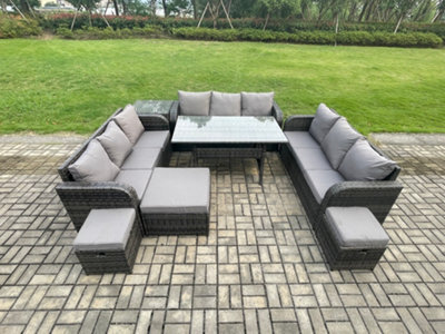 Fimous Rattan Garden Furniture Set With Oblong Dining Table 3 Footstools Side Table 11 Seater Outdoor Lounge Sofa Set - image 1