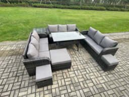 Fimous Rattan Garden Furniture Set With Oblong Dining Table 3 Footstools Side Table 11 Seater Outdoor Lounge Sofa Set - thumbnail 2